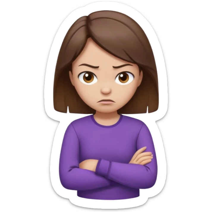Angry Pouty girl with small squinted eyes folding arms in a purple longsleeve shirt she has fair skin and brown hair sticker