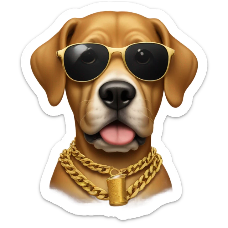 Dog with sunglasses and a cigar in his mouth, wearing a gold chain as a collar sticker