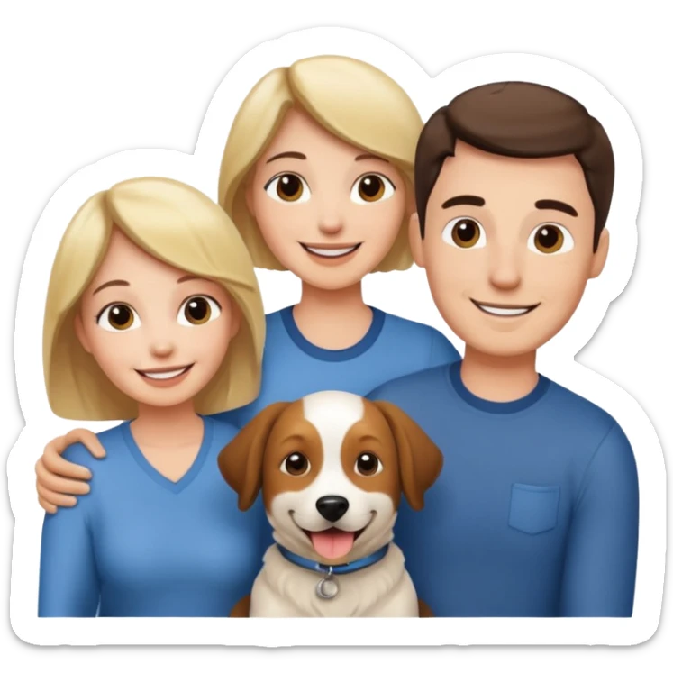 a mom and dad standing in front of a house with their son and a dog next to them (1 dog) and 1 SON not daughter sticker