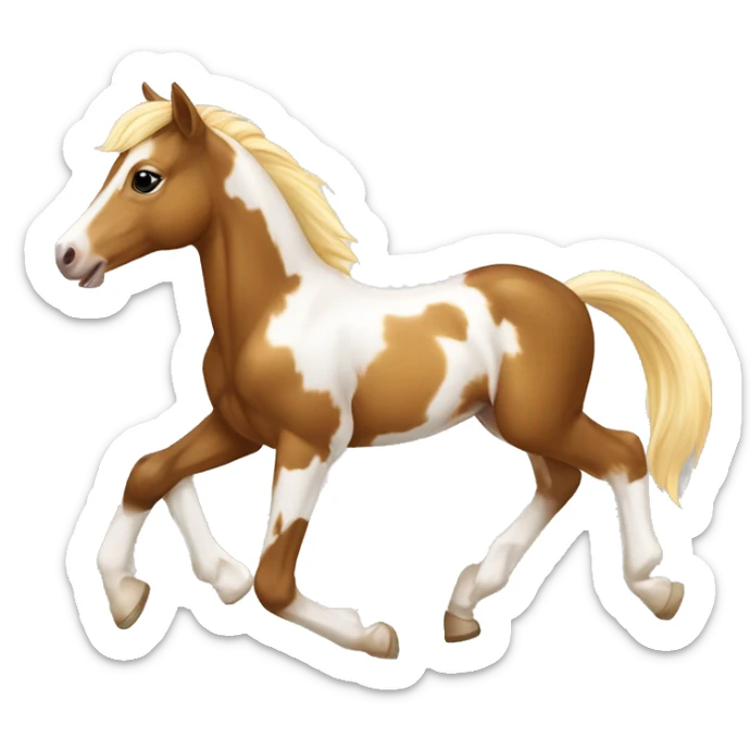 Piebald tricolor palomino yellow brown horse foal with dark brown splotches white patches baby running sticker