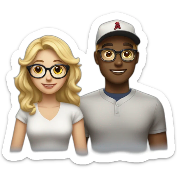 A Women with darlbrown hair and glasses in Love with a blond Man with gold glasses and a baseballcap sticker