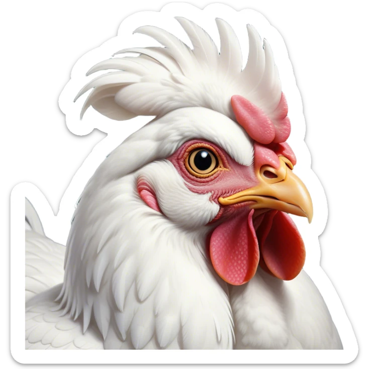 Cinematic Noble White Chicken Portrait Emoji, Poised and regal, with a compact, sturdy build and a pristine, well-groomed pure white plumage, deep-set soulful beady eyes, Simplified yet sharp and sophisticated features, highly detailed, glowing with a soft, dignified glow, high shine, intelligent and alert, stylized with an air of barnyard elegance, focused and attentive, soft glowing outline, capturing the essence of a watchful and confident fowl, so majestic it feels as though it could strut out of the screen with effortless authority! sticker