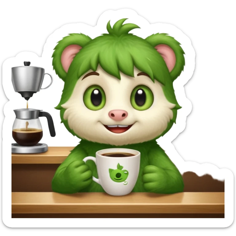 Cut the Rope's Om Nome in barista's suite with a cup of cofee sticker