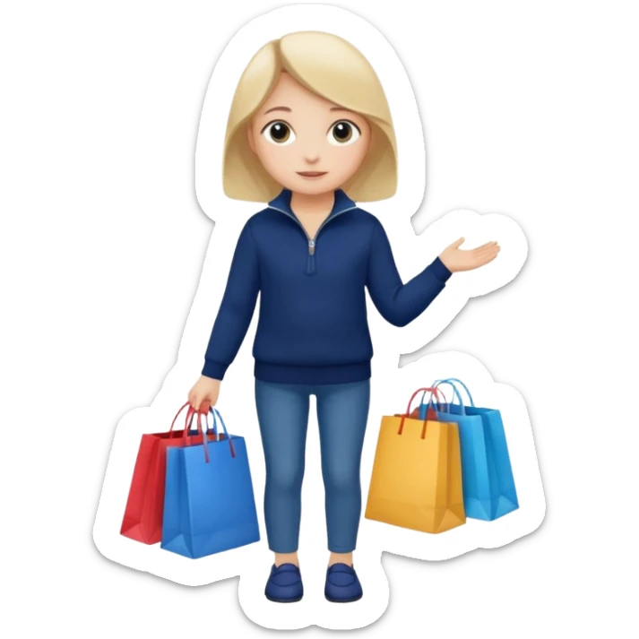 A little girl (he usually calls her baby), who is obsessed with shopping and luxury brands and holds a dozen of bags, she wears navy blue half zip sweater and holds 10 bags sticker