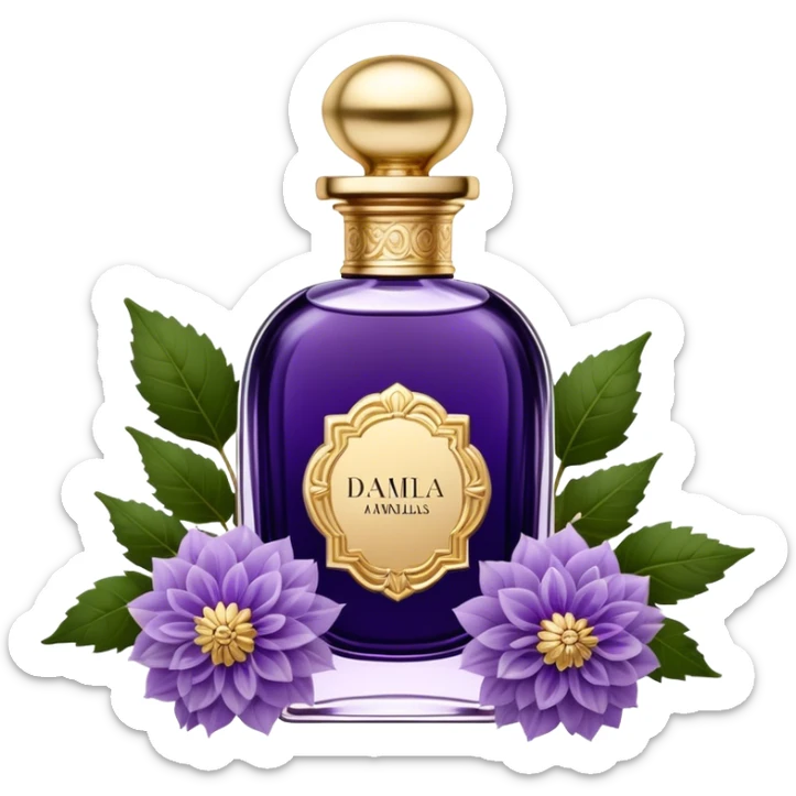 A dark amethyst vintage French-style perfume bottle with intricate golden detailing rests elegantly on an antique vanity. Surrounding it, delicate periwinkle dahlias and soft lavender sprigs add a touch of romantic charm. The glass reflects a warm glow from a nearby candle, enhancing its deep violet hues. The scent of aged vanilla and floral notes lingers in the air, evoking an aura of timeless elegance. sticker