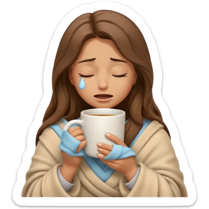 emoji-style illustration of a crying relaxed woman with long wavy brown hair, wrapped in a cozy beige blanket, holding a mug cup, eyes closed, sad and a bit anxious expression, soft 3D cartoon rendering, warm and comforting mood, plain background
 sticker