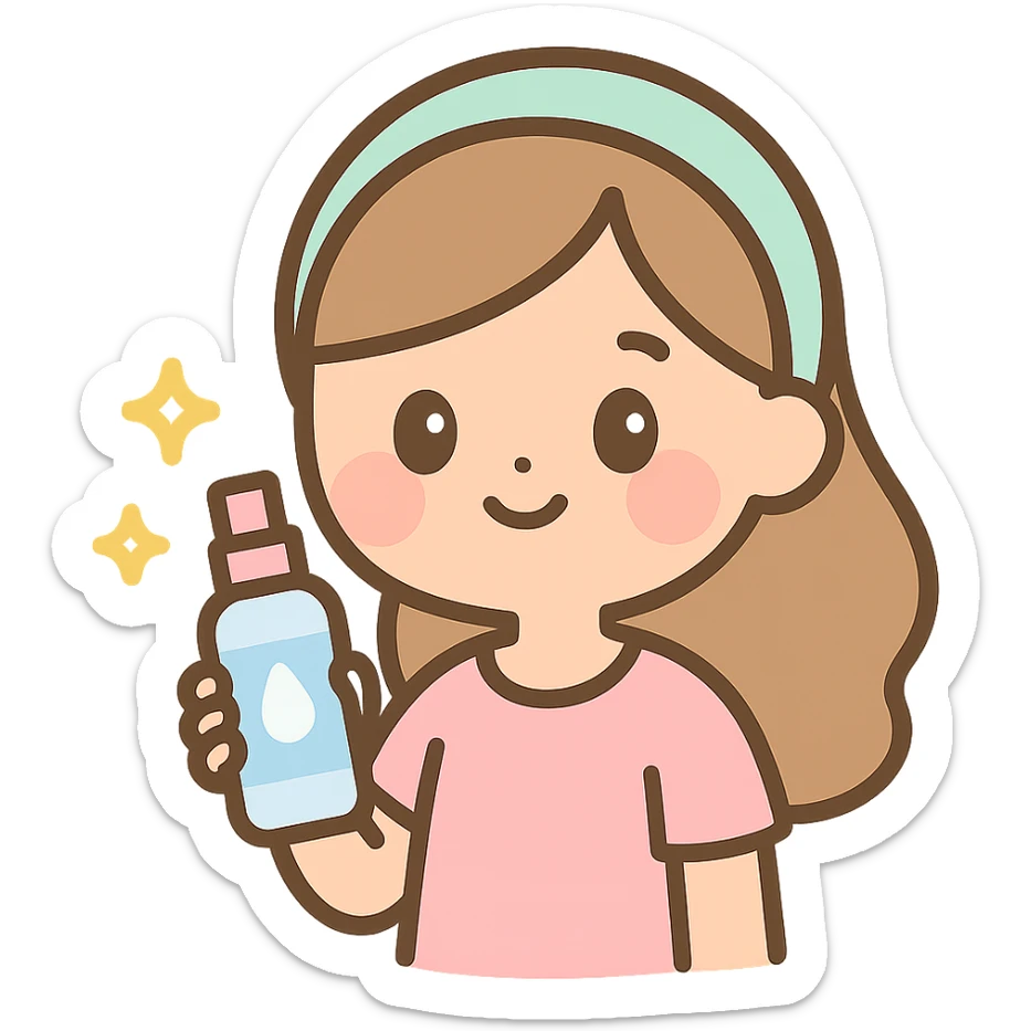 girl holding a face mist bottle, glowing skin, simple background, skincare vibe sticker