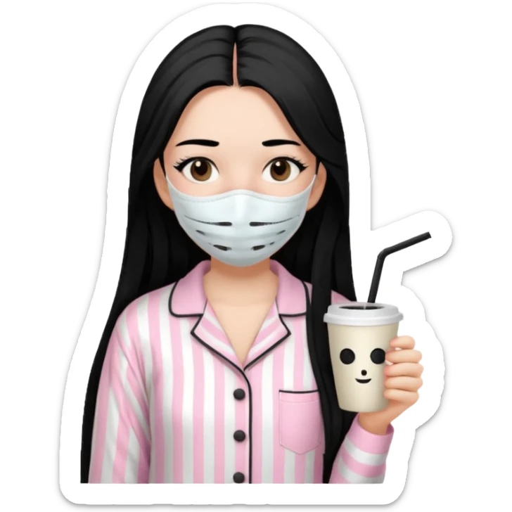 chica de pelo lacio color negro cabellera larga piyama blanca con rayas rosa claras peo no tan claras no oscuras el bordado es negro al igual que los botones )tiene una mascarilla para la carablanca y sostiene y cafe con bolitas nedras al dondo con unsorbete tranparente y es de test blanca  sticker