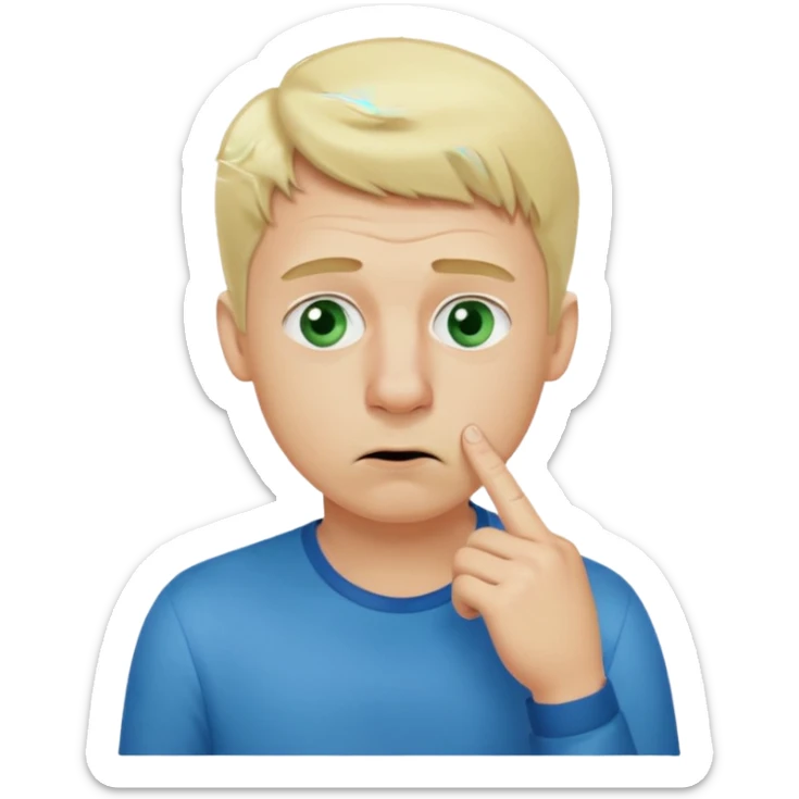 a emoji with two fingers in his nose, make him have a natural white skincolour and blonde hair, blue/green eyes, put the fingers in his nose, its a man and he needs two fingers IN his nose sticker