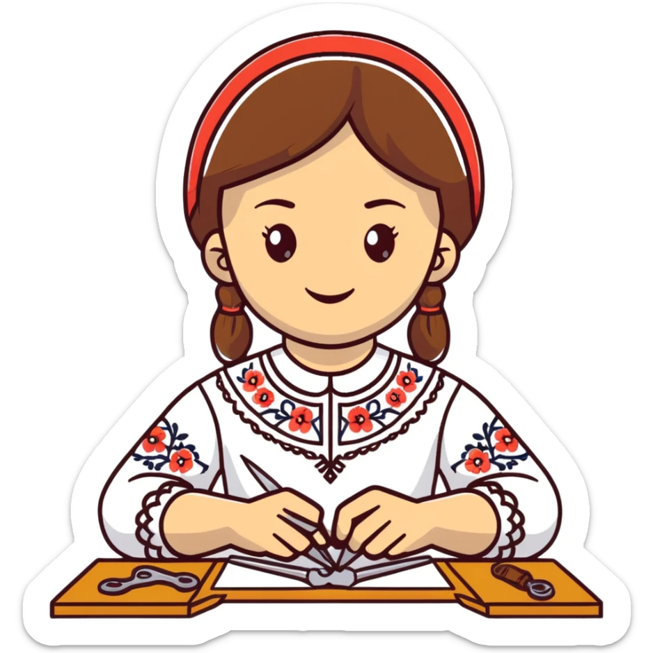 Ukrainian young girl wearing a white traditional embroidered shirt (vyshyvanka) smiling and holding sewing tools sticker