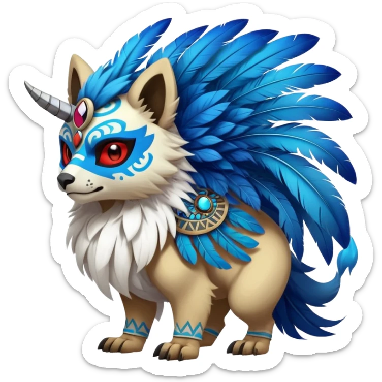 Furry cute colorful exotic tribal feral anime-styled Fakémon-Pokémon-animal-creature with a skull mask, and a feather-mane-collar, and blue feathers, (full body) sticker