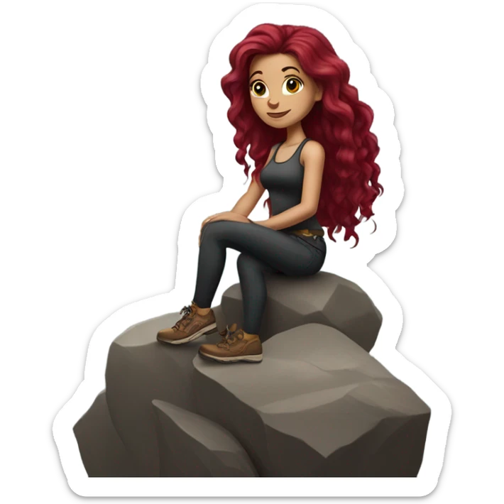 Beautiful tattooed woman long burgundy hair climbing rocks sticker