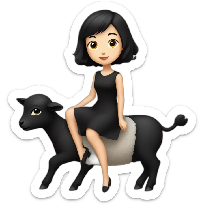 Asian girl with short black hair, black dress, riding on a black lamb sticker