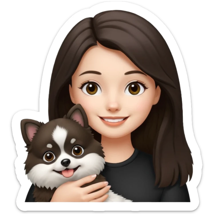an brunette girl holding her pomeranian dog thats black and white but has white middle part in the face kinda looks like a panda sticker