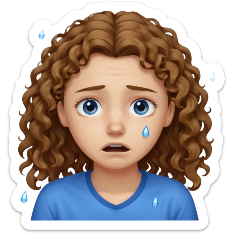 white young curly long hair girl, brown hair, with a blue shirt, in despair crying sticker