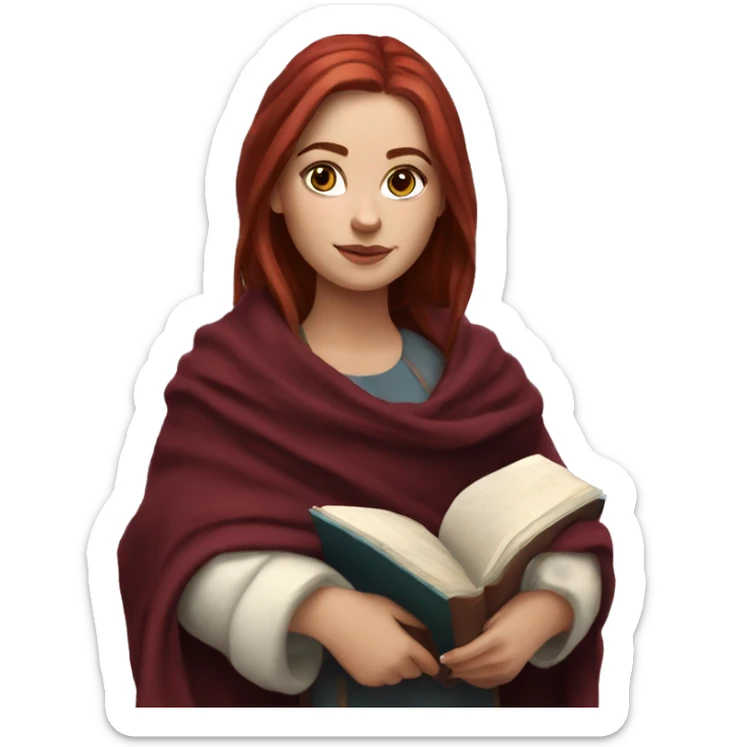 Realistic Slavic white girl with burgundy hair with a blanket and book sticker