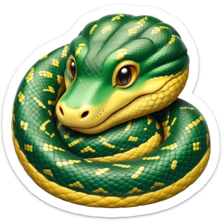 Meme-Worthy cute Sleeping Anaconda Portrait Emoji, Body coiled in a relaxed, peaceful slumber with a contented expression and softly closed eyes, showcasing intricately patterned scales and a serene demeanor, Simplified yet hilariously adorable features, highly detailed, glowing with a soft, drowsy jungle light, high shine, relaxed and utterly lovable, stylized with an air of playful laziness, bright and heartwarming, soft glowing outline, capturing the essence of a sleeping serpent that feels destined to become the next viral sensation of adorable rest! sticker