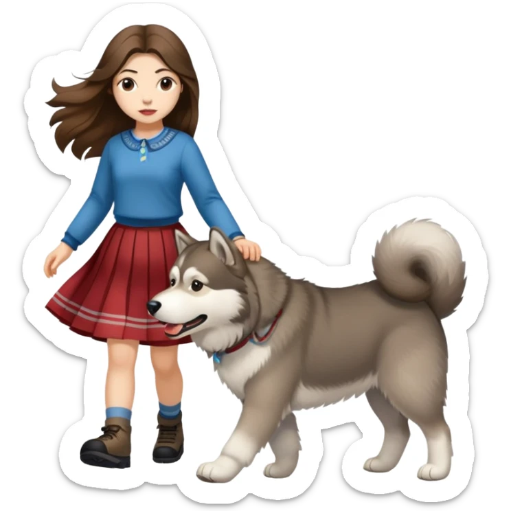 A girl with long brown hair and a skirt walking an Alaskan sticker