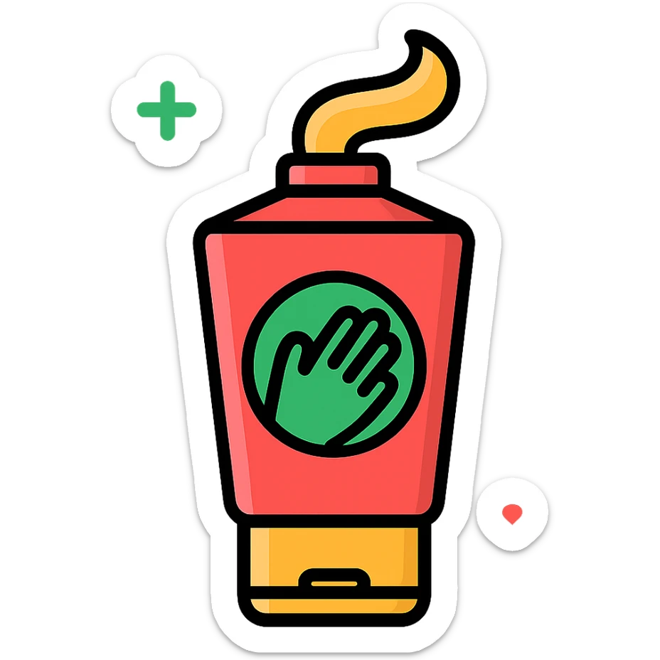 hand cream in a tube with a swirl of cream coming out, featuring little green and pink, modern icon style sticker