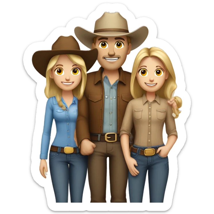 Caucasian family of five people, all with cowboy hats on, 2 blonde teenagers, 1 light brown haired mom, 1 little boy with brown hair and a brown hair dad sticker