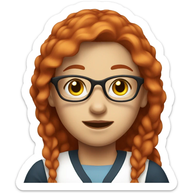 red haired woman wearing college outfit, not wearing glasses, white face sticker
