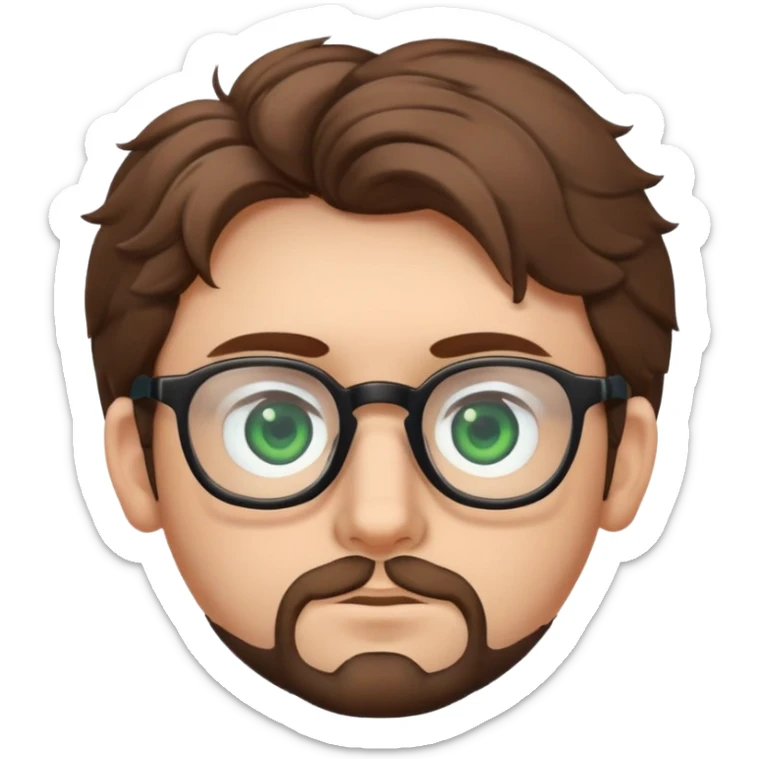 Young man with slightly curled brown poofy hair, green eyes wearing glasses, wide face with eyes set apart, bigger ears, and stubble but not a full beard sticker
