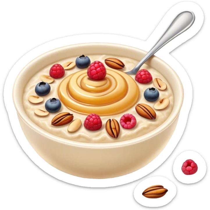 Cinematic creamy oatmeal, smooth texture with a swirl of honey on top, garnished with fresh berries and nuts, warm and comforting, cozy golden tones, rich and delicious. sticker