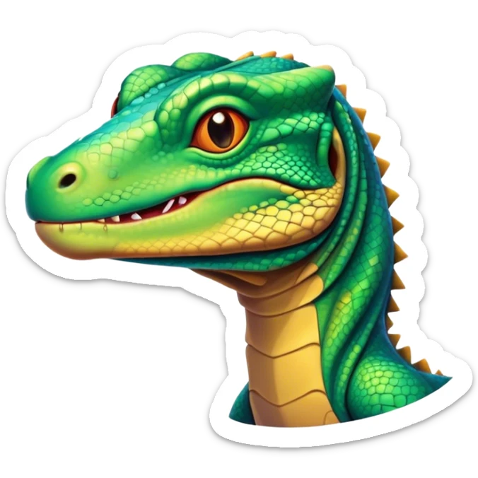 Cinematic Cute Komodo Dragon Lizard Portrait Emoji, Head tilted playfully and inquisitively, with a sleek, scaled form accented by vibrant hues and curious, sparkling eyes, Simplified yet irresistibly adorable features, highly detailed, glowing with a warm, lively glow, high shine, affectionate and spirited, stylized with a touch of exotic charm, bright and endearing, soft glowing outline, capturing the essence of a mischievous yet captivating lizard that seems poised to scurry out of the screen into your heart! sticker