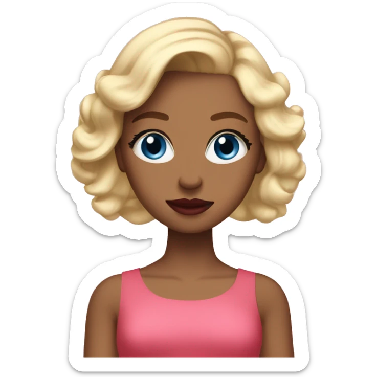Girl with blonde hair, blue eyes, red lipstick, and tan skin wearng makup and a pink dress sticker