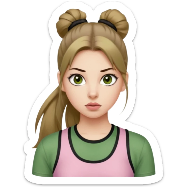 create an emoji of a young woman. She has a feisty look, with long light brown hair in a single ponytail with a black hair tie, dark green eyes, pale skin, natural soft pink lips. she wears a green y2k top sticker