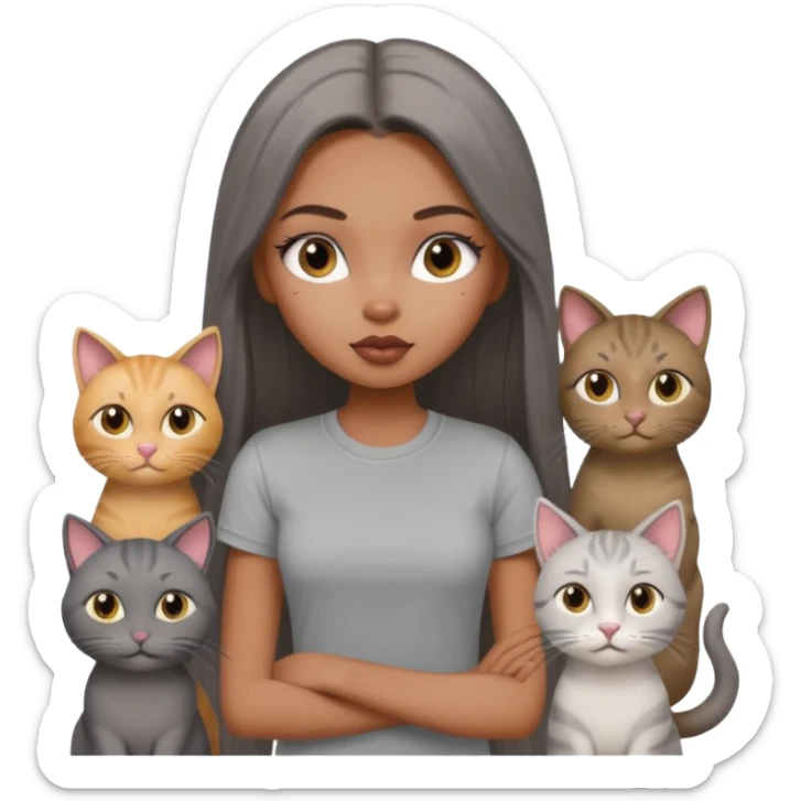 a pretty bratz dusky girl with long straight hair with four cats nd wearing a grey tshirt sticker