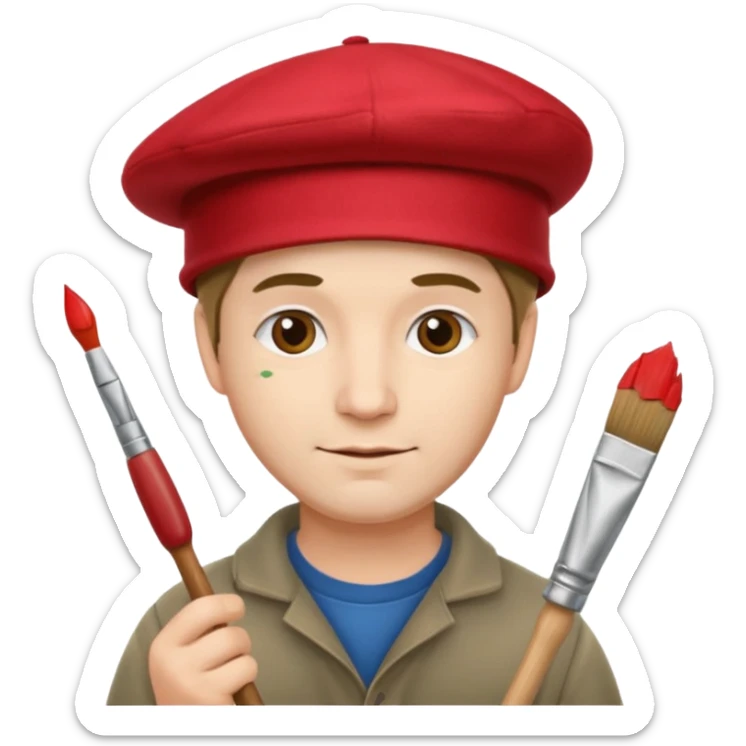 Thoughtful artist, adult man in a red hat with a paintbrush sticker