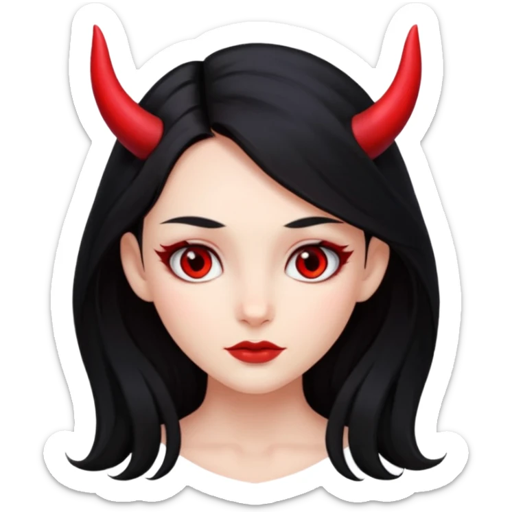 A girl's face with cheekbones, red skin, long black hair, small red horns, and red eyes. sticker