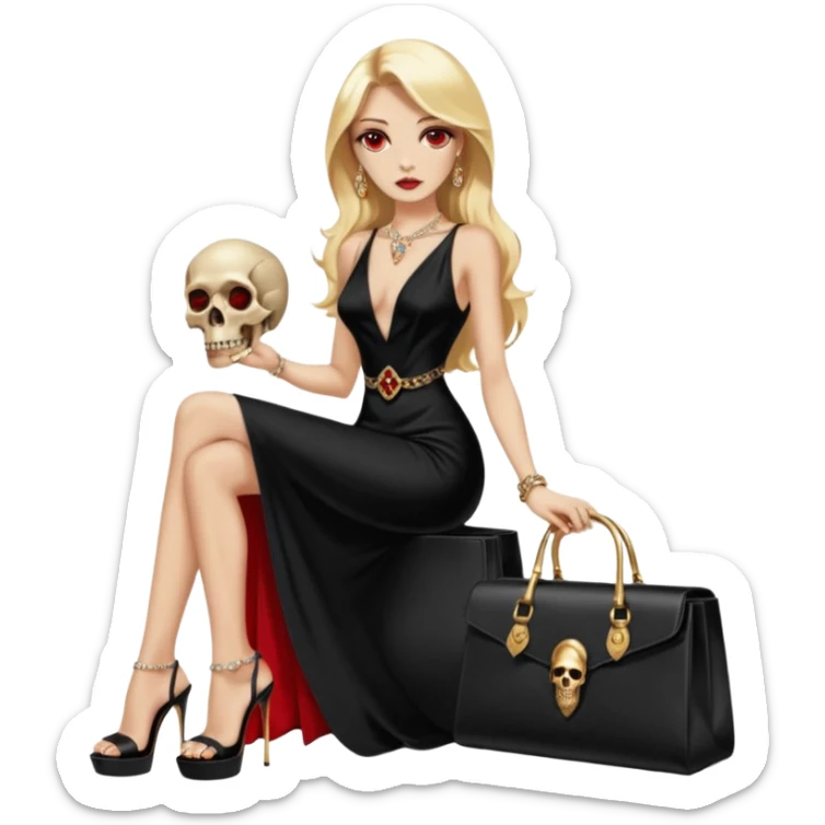 Lilith symbol red eye seductress  length blonde haired powerful woman with Gucci, and Hermes bags next to her. Wearing long dress with slit, sitting on of gold and diamonds. Black Platform high heels on feet. seat stacked with designer bags,  dead human skull of her enemies in her other hand sticker