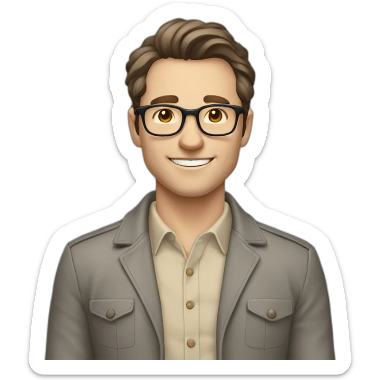 Joyful Pale skinned Fit Man With dark brown hair in gray jacket, beige office shirt, Brown pants and vintage glasses. His thrumbs up sticker
