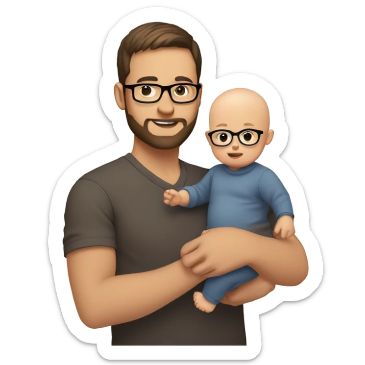 Dad brown short hair and glasses with 3 day beard with baby no hair (4 Month old) holding him on arm. Dad is a stock investor, white skin color both sticker
