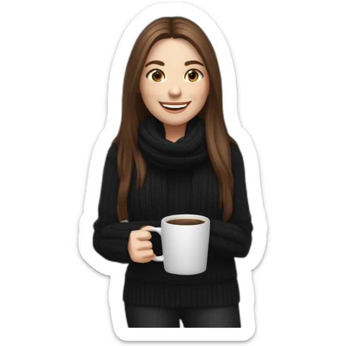 smiling woman with middle brown long straight hair and pale skin wearing black woolly shirt, black woolly scarf and holding a laptop on her left hand and coffee mug on her right hand sticker