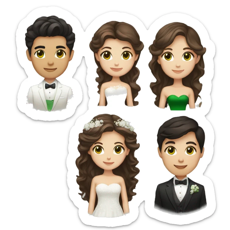 Wedding emoji, girl with Asian type of eye shape and green eyes and brown long hair and guy light dark skin with short curly hair and brown eyes sticker