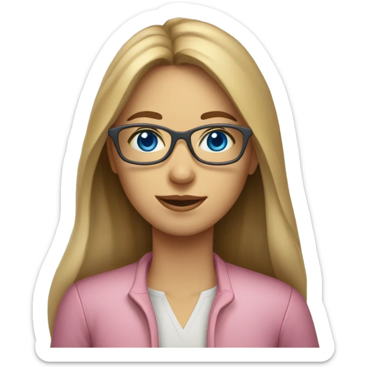 teacher, woman, light brown long hair, blue eyes wearing light pink glasses and wearing a lemon to sticker