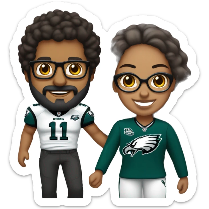 Brown guy with beard mustache and brown girl with glasses and hair in a bun in Philadelphia eagles clothes holding hands sticker