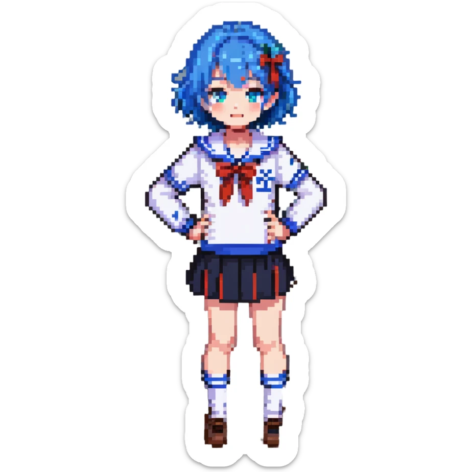 Pixel art anime girl with short bright blue hair wearing Japanese sailor style school uniform, trying to look confident with hand on hip but shyly waving with other hand, blushing cheeks and avoiding eye contact sticker
