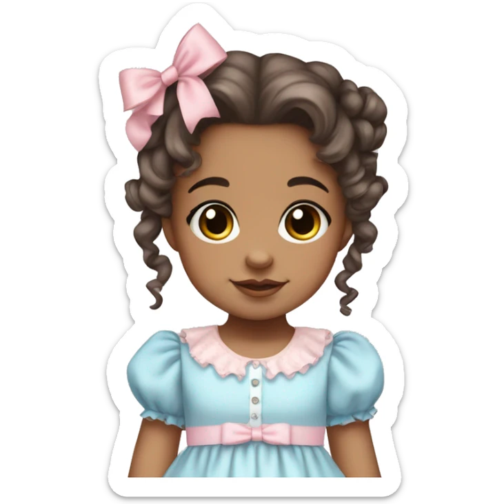 toddler girl with brown eyes and brown curly hair in two pigtails wearing a baby pink lolita dress with baby blue hair bows sticker
