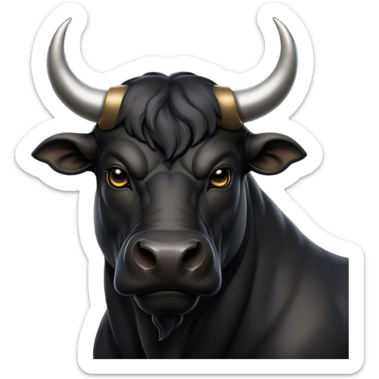 Cinematic Noble Black Bull Portrait Emoji, Poised and regal, with a massive, muscular build and a sleek, well-groomed pure black hide, deep-set soulful dark eyes, Simplified yet sharp and sophisticated features, highly detailed, glowing with a soft, dignified glow, high shine, intelligent and formidable, stylized with an air of strength, focused and attentive, soft glowing outline, capturing the essence of a watchful and confident guardian, so majestic it feels as though it could charge out of the screen with effortless authority! sticker