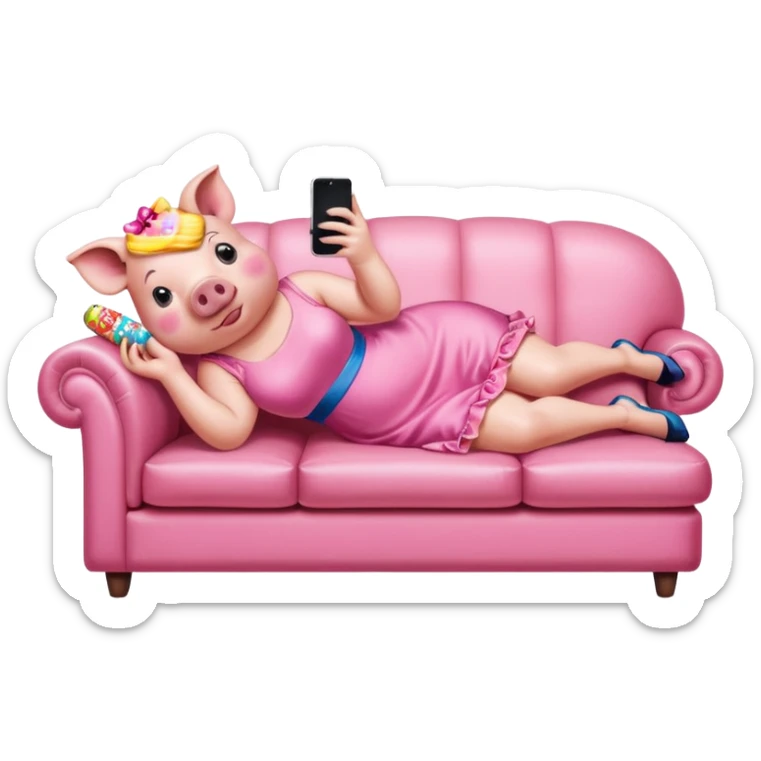 lady pig wearing pink kawaii dress reclining on couch scrolling on an iphone and eating candy pop art portrait sticker