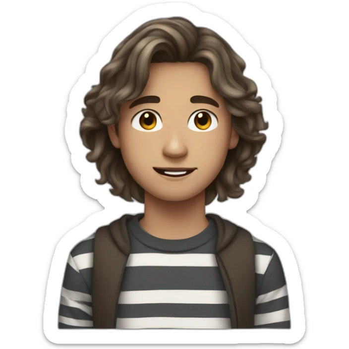 teenager boy brown long wavy hair and dark gray striped sweater sticker