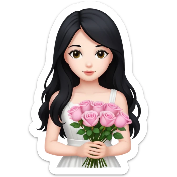 A beautiful girl with long black hair and a white dress is holding a bouquet of pink roses sticker