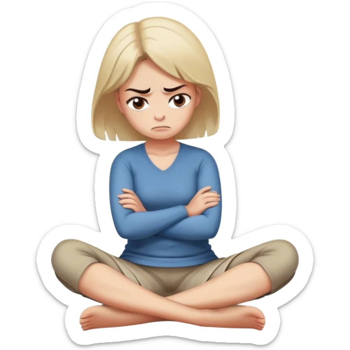angry woman sitting cross-legged on floor with arms firmly crossed, face turned away, furrowed eyebrows and frowning expression, speech bubble ignored or crossed out nearby, back partially turned to conversation sticker