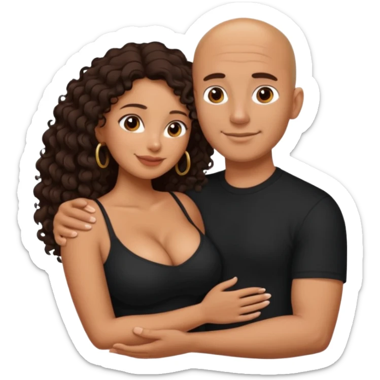 A picture of an embracing tanned couple. the man is a Mexican man with tanned skin, with a bald hair cut, and wearing a black shirt. the woman is mixed, glasses,  with long curly dark brown hair and with big boobs. Remove the glasses from the man sticker