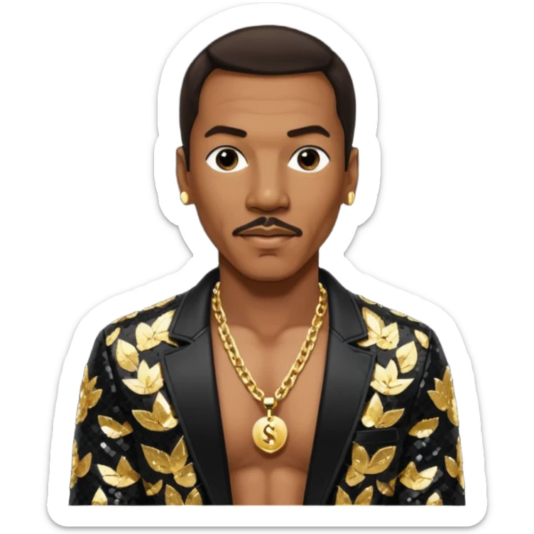 Eddie Murphy with dark brown hair, black sequin jacket, shirtless with necklace sticker