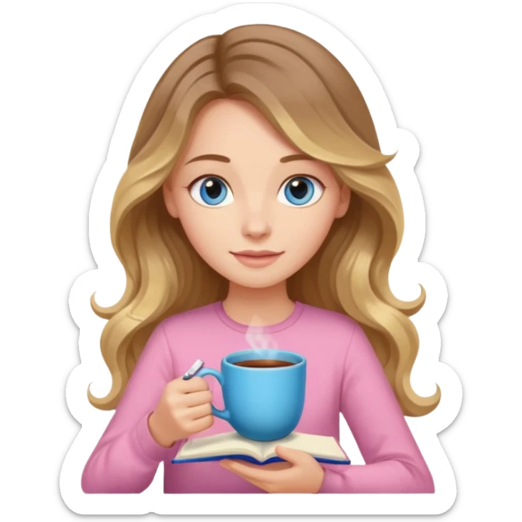 pretty female with long wavy brown hair with blonde highlights and blue eyes writing in a relaxed position in a pink journal with a cup of tea sticker